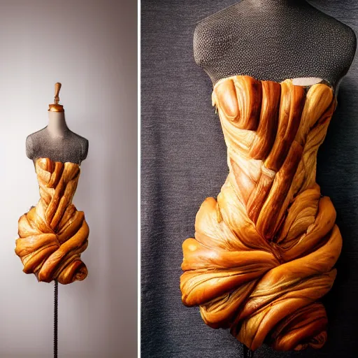 Prompt: a beautiful dress made out of a croissant, on a mannequin. high quality, high resolution, studio lighting