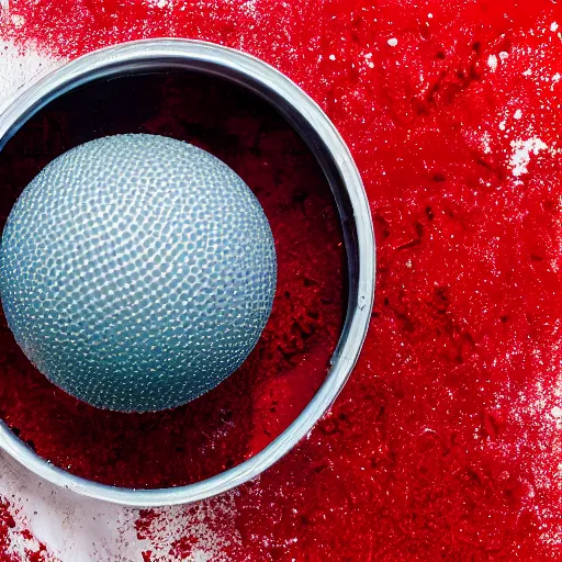 Prompt: dropping a ball into an open tin of red paint splashing advertising photo