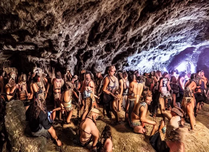 Prompt: neolithic people at a psytrance festival in a cave