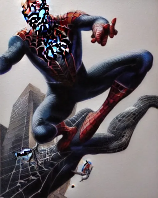 Image similar to A black substance is taking control of spiderman, highly detailed, intricate reflection patterns, sharp focus, art by Artgerm and Greg Rutkowski and WLOP