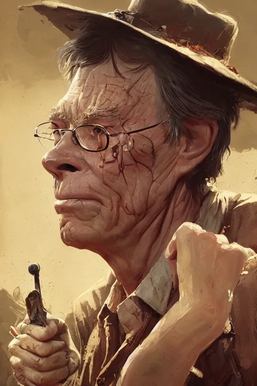 Image similar to Portrait of stephen king as hillbilly with shotgun, village, intricate, highly detailed, smooth, artstation, digital illustration by Ruan Jia and Mandy Jurgens and Artgerm and Wayne Barlowe and Greg Rutkowski and Zdislav Beksinski