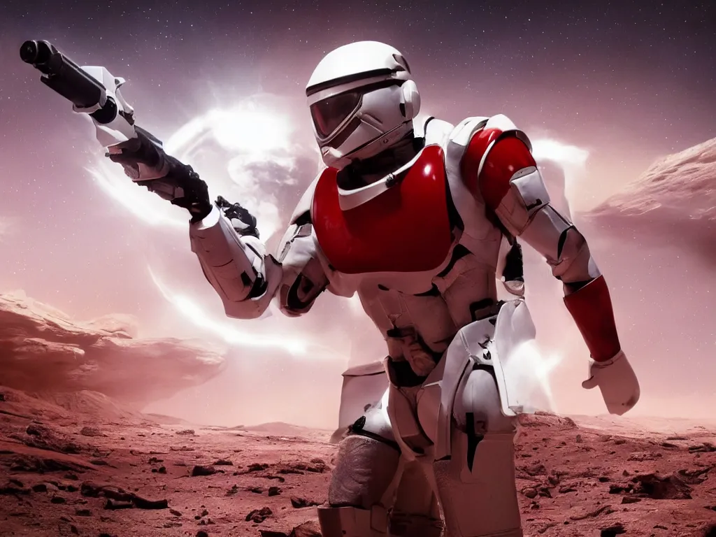 Image similar to gigachad space trooper in glossy sleek white armor with small red details, no helmet, long red cape, heroic posture, firing laser rifle, on the surface of mars, explosions in the background, night time, dramatic lighting, cinematic, sci-fi, hyperrealistic, movie still