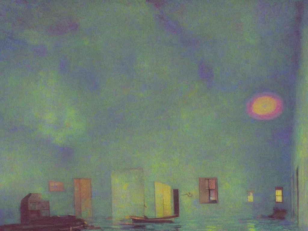 Image similar to interior of a flooded old house. aurora borealis. iridescent, psychedelic colors. painting by hammershoi, monet, georges de la tour, mark rothko, agnes pelton, hockney