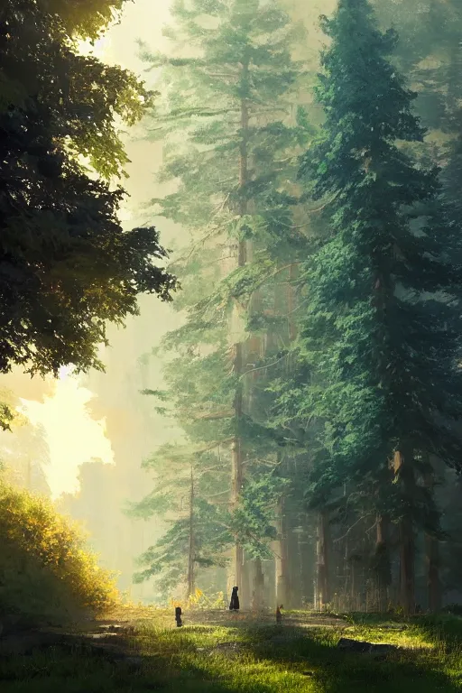 Image similar to nuclear power plant, trees, sun, elegant, volumetric lighting, digital painting, highly detailed, artstation, sharp focus, sunny day, utopia, open space, illustration, concept art, ruan jia, steve mccurry, ivan shishkin, studio ghibli