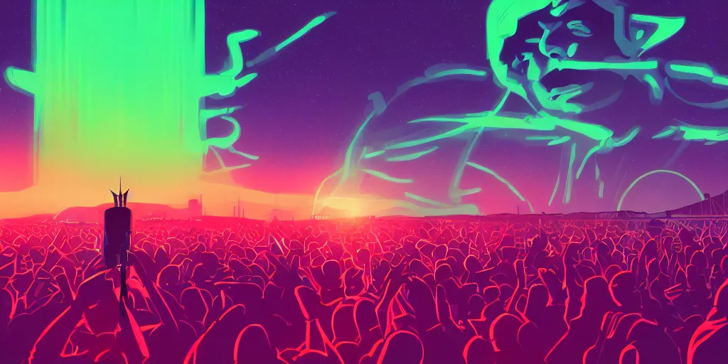 Image similar to rapping into microphone, silhouette, huge crowd, outrun, hip hop, digital art, Aurora borealis, trending on Artstation, professional artist, detailed, 4k