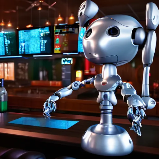 Image similar to a robot is at the sports bar and orders a drink. (TY beanie baby puppy dog) bartender, 8k, ultrarealistic, cgsociety.