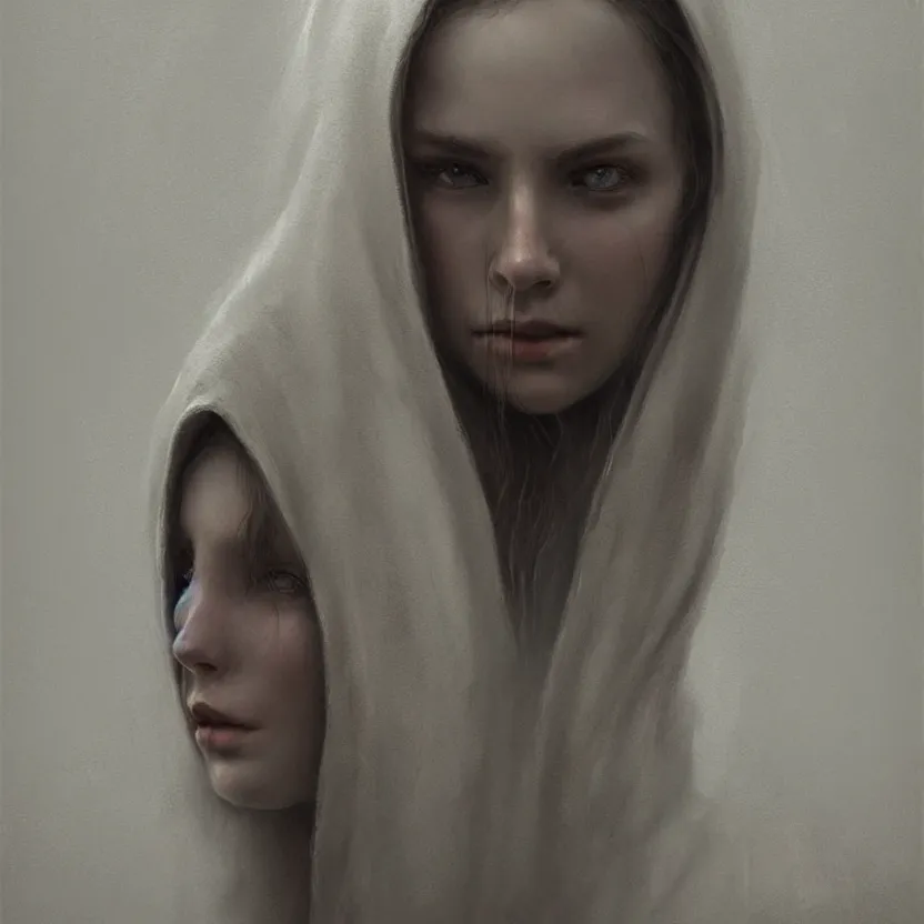 Image similar to Portrait of a young woman wearing a hooded robe, cinematic lighting, unique, intricate, elegant, highly detailed digital painting, trending on Artstation, concept art, smooth, sharp focus, illustration and art by Beksinski