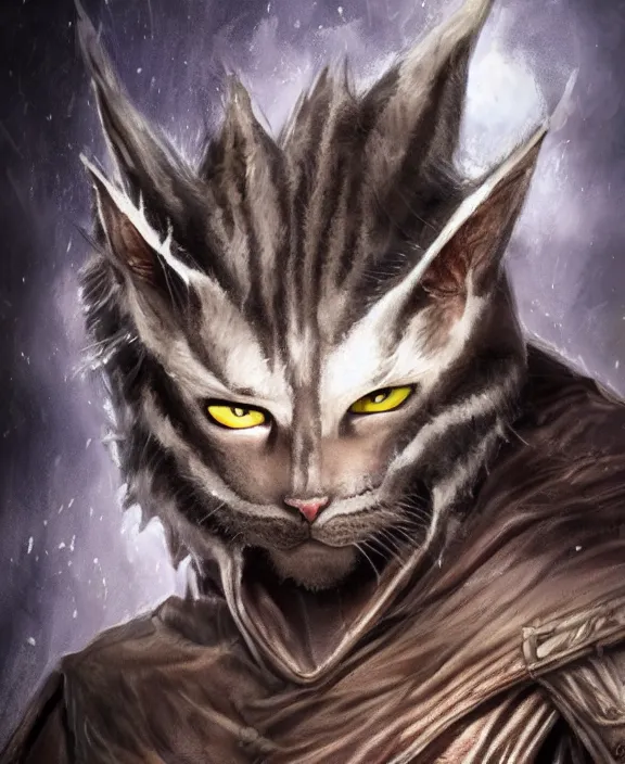 Image similar to humanoid male khajiit rogue with a scar on left eye, wearing leather armor with a hood, mainecoon cat features with jet black fur, far - mid shot, magic the gathering, fantasy