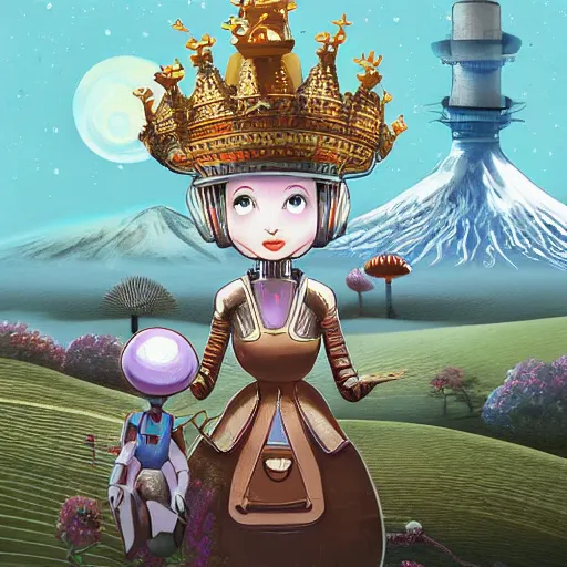 Image similar to On the morning of the robot queen's coronation, The Mekanik Doll, an elderly mushroom walking their pet snail, Mount Fuji seen from the International Space Station, the theme of Alice in Wonderland, digital painting, concept art, illustration, deep dark, artstation, intricate, beautiful and thematically complex, ue5, by deiv calviz and bossmonsterbani