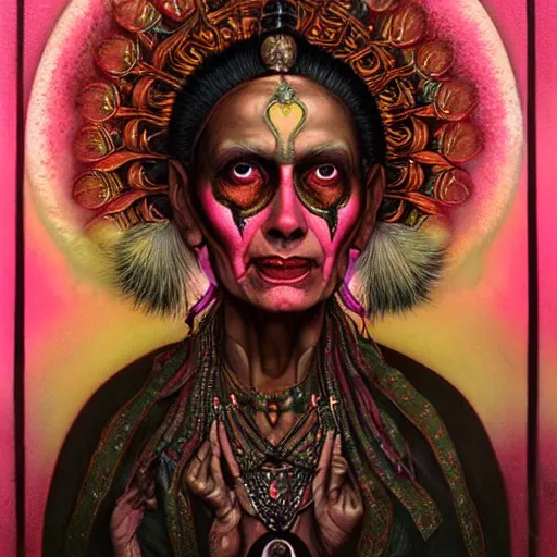 Image similar to wise old Indian guru, multiple arms, pink and gold , by Anato Finnstark, Tom Bagshaw, Brom