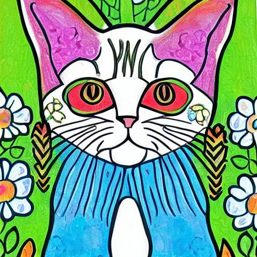 Prompt: colorful detailed patterned cat sitting in a flower garden by laurel burch