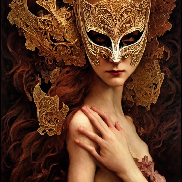 Prompt: Mask under Mask under mask, dramatic lighting, fantasy, intricate, elegant, highly detailed, lifelike, photorealistic, digital painting, artstation, illustration, concept art, smooth, sharp focus, art by John Collier and Albert Aublet and Krenz Cushart and Artem Demura and Alphonse Mucha