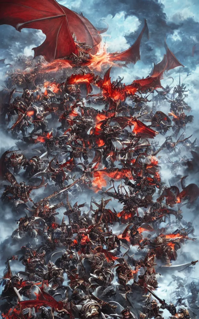 Image similar to warhammer battle scene versus scarlet nordic dragon movie poster by kekai kotaki