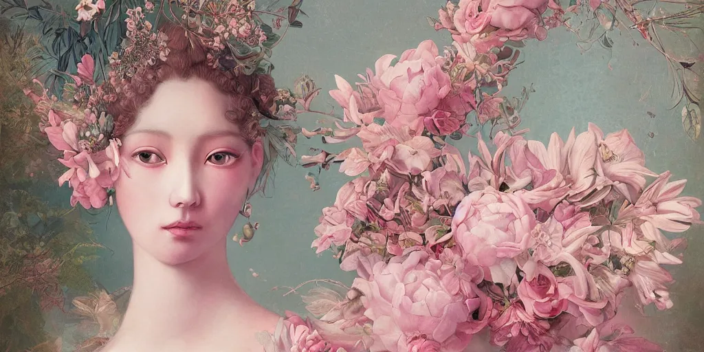 Prompt: breathtaking detailed concept art painting blend of two pink short hair goddess of light blue flowers by hsiao - ron cheng with anxious piercing eyes, vintage illustration pattern with bizarre compositions blend of flowers and fruits and birds by beto val and john james audubon, exquisite detail, extremely moody lighting, 8 k