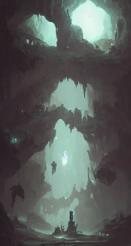 Prompt: cave with an entrance looks like a skull by peter mohrbacher and tsutomu nihei, trending on artstation,