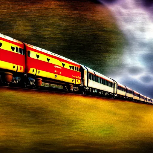 Prompt: A digital art of an Indian train flying through the sky with magical jet turbines, but as a photograph