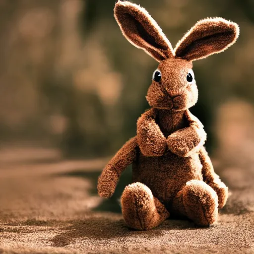 Image similar to a photo of a little brown bunny muppet plush wearing a cool ninja outfit and posed out in nature, photorealistic, photography, ambient occlusion, god rays, rtx, national geographic