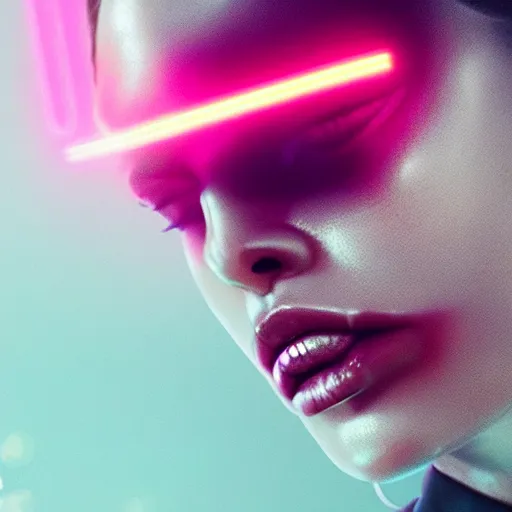 Image similar to ana de armas neon horns, detailed face, sharp focus, synthwave art, aesthetic, octane render, raw, cinematic