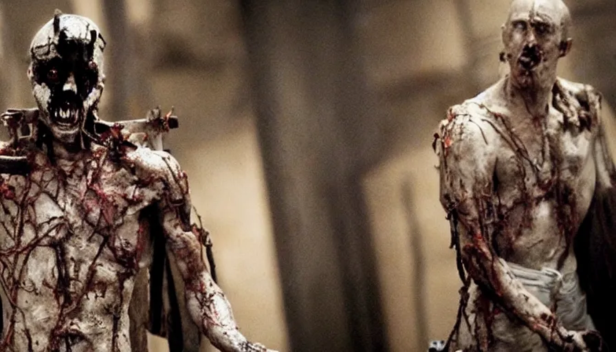 Prompt: Movie by Ridley Scott about a crucified cyborg zombie nailed to a crucifix