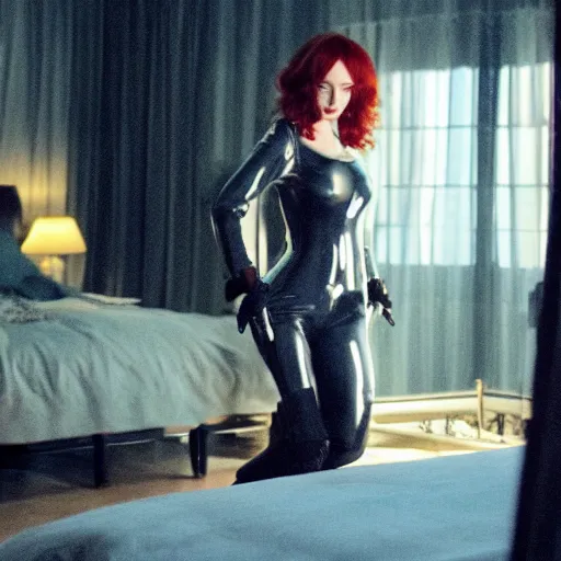Prompt: amazing beautiful christina hendricks in leather body suit in bedroom, film still from the movie directed by denis villeneuve, wide lens