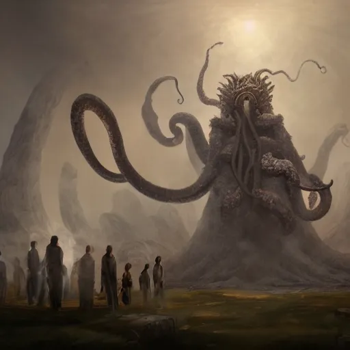 Image similar to Giant smoke monster coming out of the ground, thick swirling smoke, Nyarlathotep, Tentacles, mist, dramatic lighting, Byzantine ruins, surrounded by priests, worshipers, desert, cinematic, trending on artstation