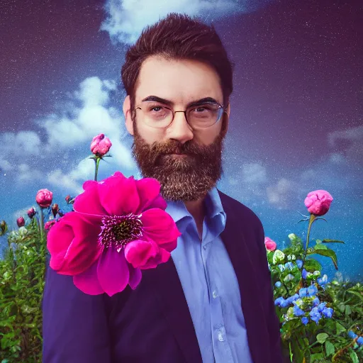 Image similar to a portrait of a man with flowers in the beard, roses peonies forget-me-nots dahlias lupins gladioli, sky theme in background, 35mm Photograph, 4K Resolution, Astrophotography, Digital Art, Trending on artstation