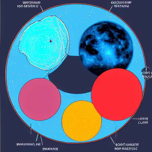 Image similar to a scientific diagram of several small colorful planets orbiting each other