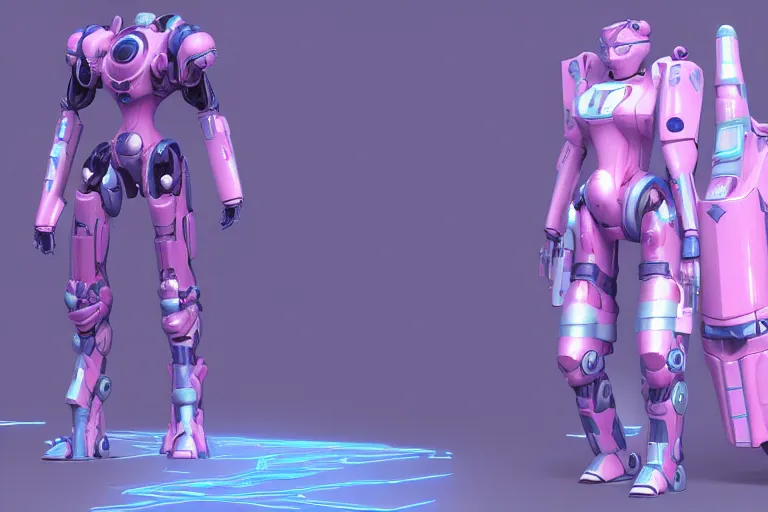 Image similar to a beautiful woman, piloting a mech. Pink and blue color scheme. Scifi city street background. In the style of Arcane by fortiche. Marmoset Toolbag, zbrush, substance painter.