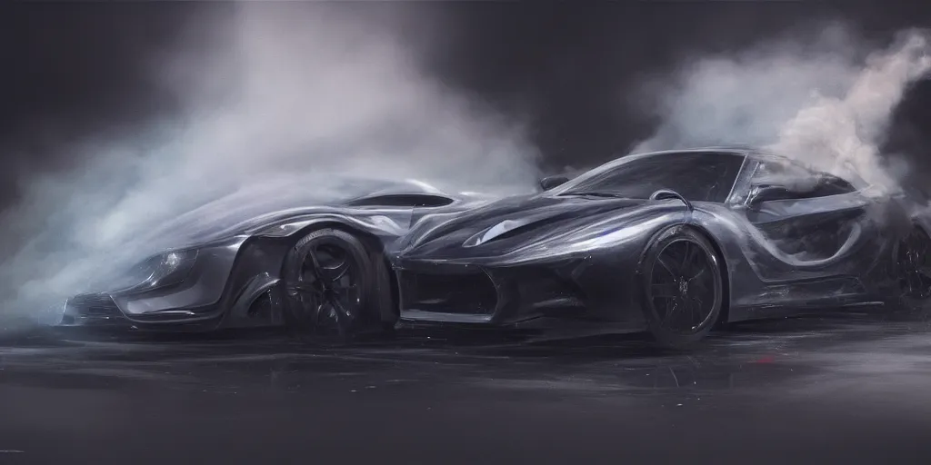 Image similar to full view of a single sport car, surrounded in a detailed smoke, driver leaning on the car, busy wet street at night, painted in dark color holographic pearlescent, elegant, digital painting, concept art, smooth, sharp focus, art style from Wang Ke and Greg Rutkowski and Bruce Kaiser and Scott Robertson and Dmitry Mazurkevich and Doruk Erdem and Jon Sibal, small style cue from Mad Max