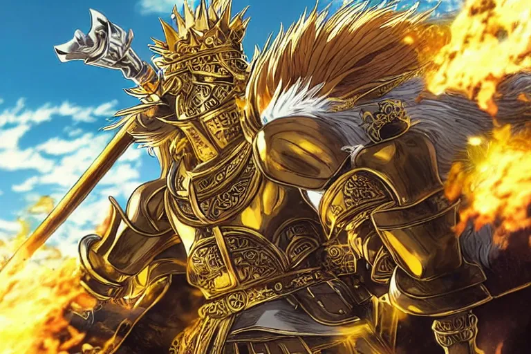 Image similar to an ultra detailed portrait of king richard the lionhearted as a shonen anime protagonist charing into battle wearing bright gold armor and riding a horse bless by god, 8 k, volumetric lighting, art by kentaro miura and akira toriyama