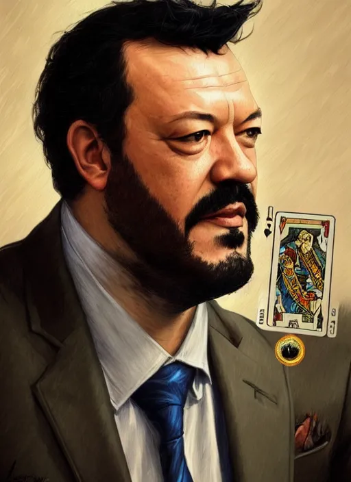 Image similar to matteo salvini, wearing a suit, tarot card, deep focus, d & d, fantasy, intricate, elegant, highly detailed, digital painting, artstation, concept art, matte, sharp focus, italian flag, illustration, hearthstone, art by artgerm and greg rutkowski and alphonse mucha