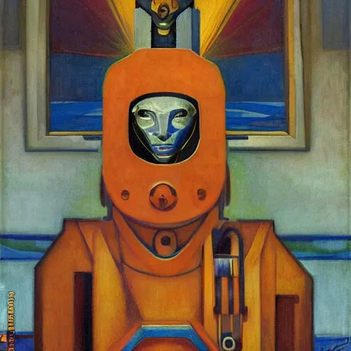 Image similar to the robot wearing her human mask, by prudence heward and donato giancola and nicholas roerich, symbolist, dramatic lighting, elaborate geometric ornament, art brut, god rays, soft cool colors, smooth, sharp focus, extremely detailed