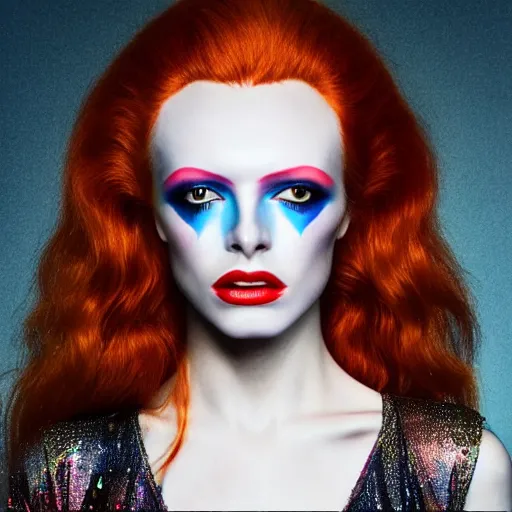 Prompt: headshot of david bowie's face morphed into actress madelaine petsch's face, androgynous ziggy stardust, bokeh