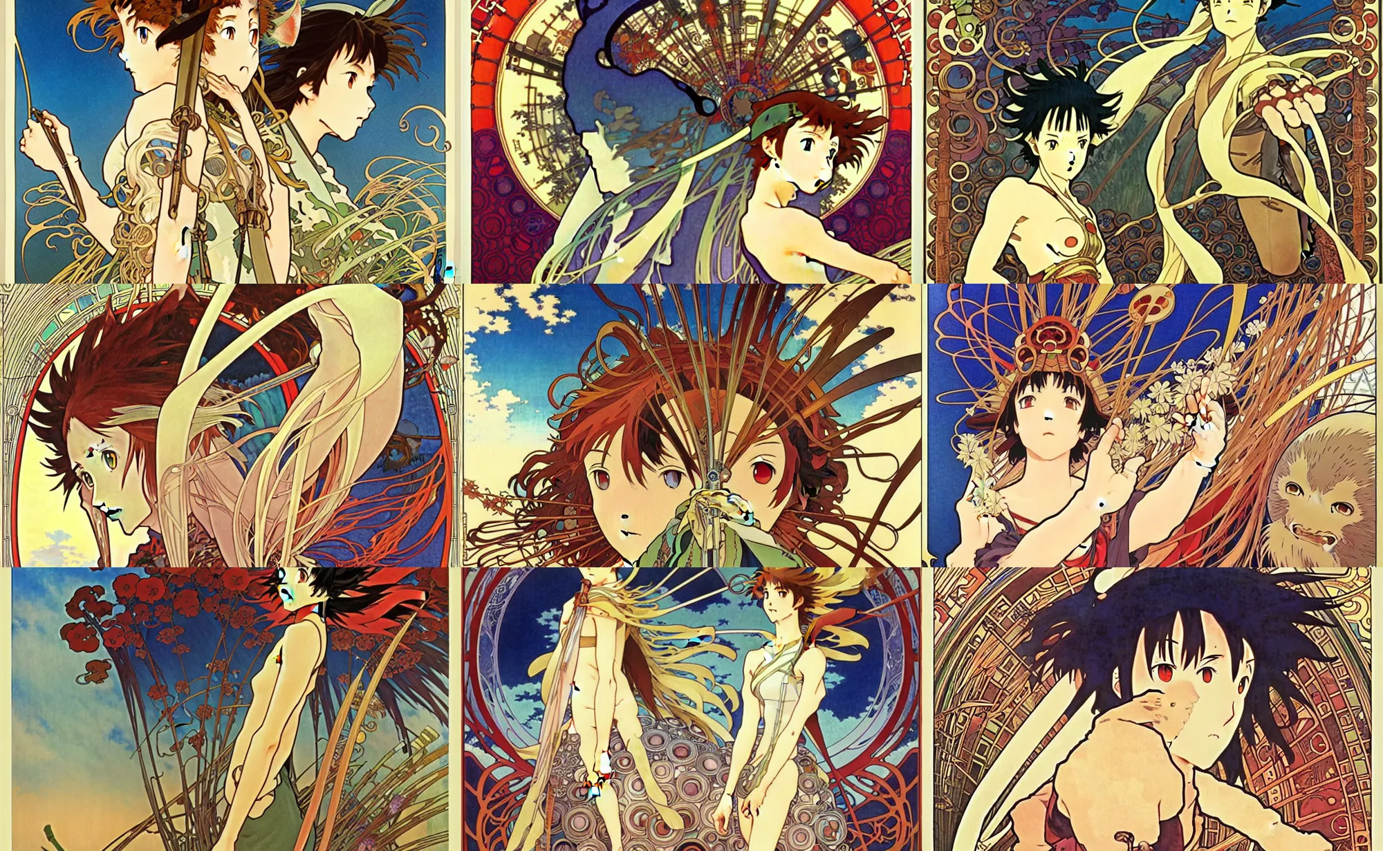 Prompt: anime movie screenshot, by yoshitaka amano, by alphonse mucha, movie poster for ghibli nausicaa!!!!!, mononoke, miyazaki