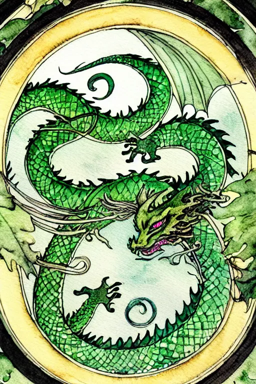 Image similar to green dragon watercolor painting in the center of a circular frame of leaves, art by walter crane and arthur rackham, illustration style, watercolor