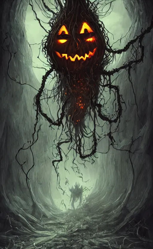 Image similar to fantasy monster concept art, a jack o lantern monster with vines for a body walking down a street of nightmares, dynamic lighting, photorealistic, trending on art station, stunning visuals, creative, cinematic, ultra detailed, atmospherical, ambient lighting, scary art, eery art