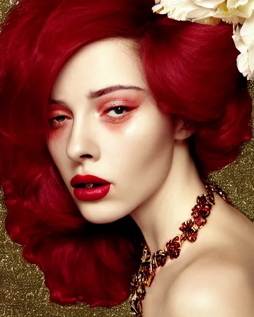 Image similar to portrait of a european woman, closeup, she's on ice, skin shining like a diamond high sharpness, zeiss lens, fashion photo shoot, peony flowers, red hair, red lipstick, against a background of gold, rhinestones on their face, Edward Buba, Annie Leibovitz, Paolo Roversi, David Lazar, Jimmy Nelsson, Eiko Hosoe, artistic, hyper-realistic, beautiful face, octane rendering