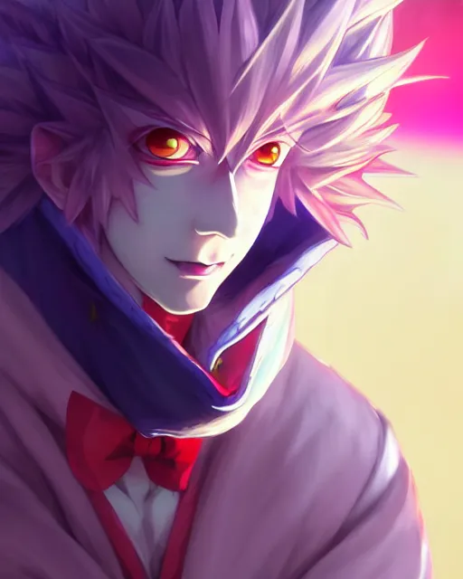 Prompt: extremely attractive soft feminine male jester / fool anime character screenshot, nagito komaeda and hisoka, anime, intricate, sharp focus, illustration, highly detailed, digital painting, cell shaded, concept art, matte, male art by ilya kuvshinov and kyoto animation and wlop, ruan jia and greg rutkowski, studio quality, masterpiece