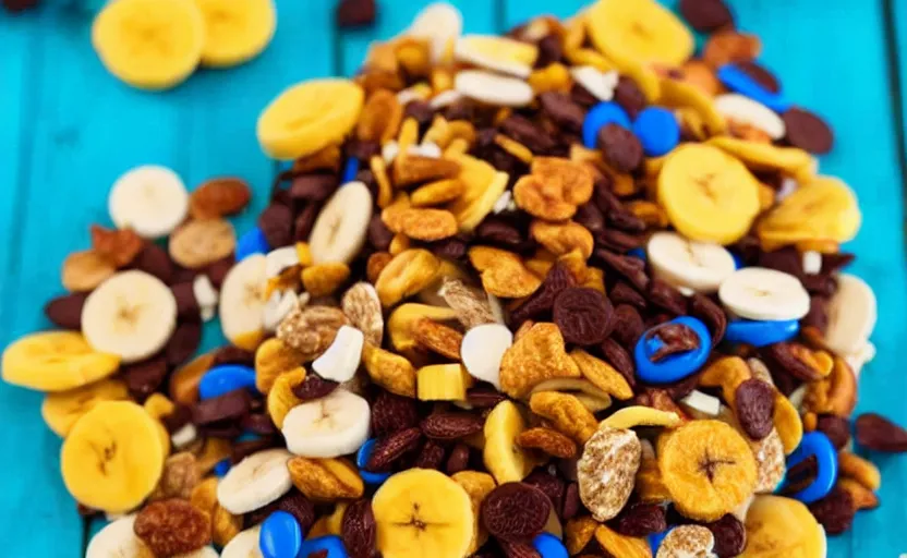 Prompt: a trail mix with Reese's pieces, Reese's cups and banana chips