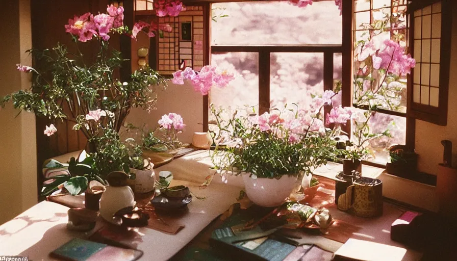 Image similar to 1 9 9 0 s candid 3 5 mm photo of a beautiful day in the a dreamy japanese flowery cottage designed by gucci, cinematic lighting, cinematic look, golden hour, a desk for flower arrangements and journaling has sun shinning on it through a window, temple in the distance, photographed by petra collins, uhd