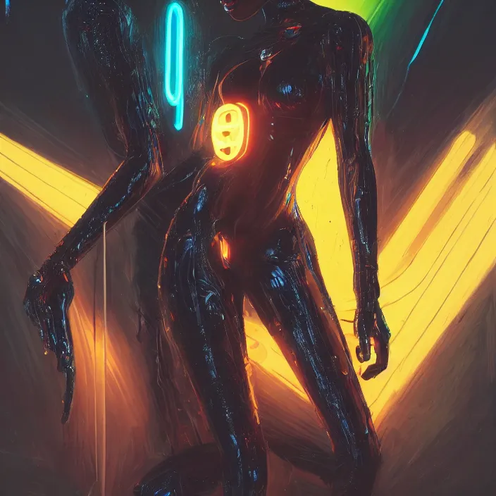 Prompt: african domme mistress, futuristic, ebony, rubber suit, spikes, bright surrounding, neon lights, smooth, concept art, realistic painting, digital art by greg rutkowski, by junji ito