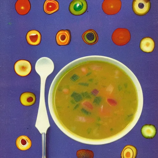 Prompt: color picture of eyeball soup from 1 9 7 0 s cookbook