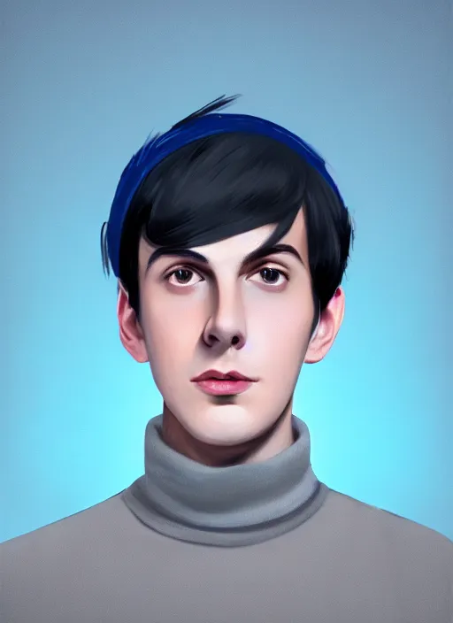 Image similar to portrait of teenage jughead jones wearing a light grey crown, crown, blue turtleneck, 1 9 5 0 s, closed eyes, photorealistic, black hair, glowing lighting, intricate, elegant, glowing lights, highly detailed, digital painting, artstation, concept art, smooth, sharp focus, illustration, art by wlop, mars ravelo and greg rutkowski