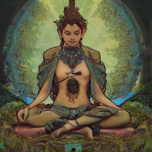 Prompt: peaceful content gardenpunk bodhisattva, praying meditating, greens and blues, intricate clothing, WLOP digital art artstation, portrait art by artgerm and greg rutkowski and alphonse mucha, HDR, cinematic, vibrant colors, photo realistic, hyperrealism, high detail, matte finish, high contrast, 3d depth, masterpiece, vivid colors, golden ratio