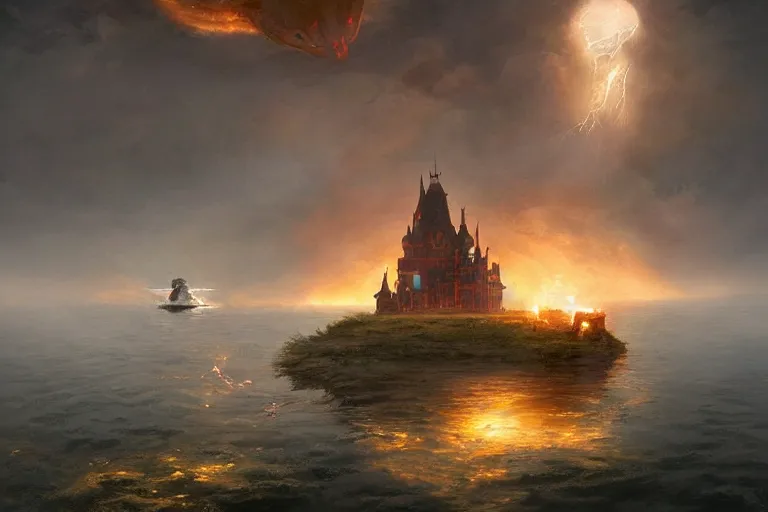 Image similar to a mysterious castle floating in the middle of a vast lake by a farm and a large fiery dragon enters the atmosphere through a gap in the clouds, cinematic lighting, ultra realistic by michal lisowski and tom bagshaw