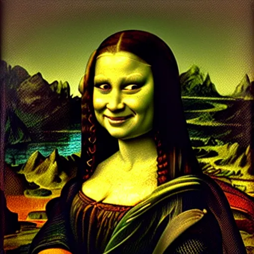 Image similar to A portrait of Shrek!!!! in the style of the Mona Lisa, by Leonardo Da Vinci, chiaroscuro, museum catalog photography,