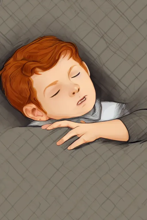 Prompt: a little boy with ginger hair curled up asleep in a cozy room. clean elegant simple illustration, beautiful detailed face.