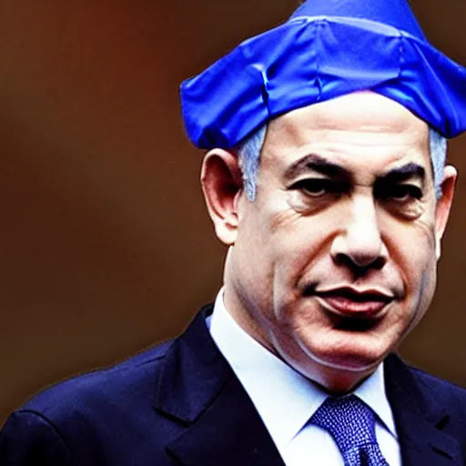 Image similar to Bibi Netanyahu dressed as a jester