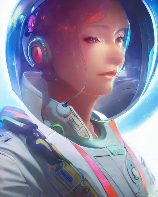 Image similar to anime visual of a female astronaut, neon, cyberpunk, futuristic suit, stunning, highly detailed, digital painting, artstation, smooth, soft focus, illustration, art by artgerm and greg rutkowski and alphonse mucha