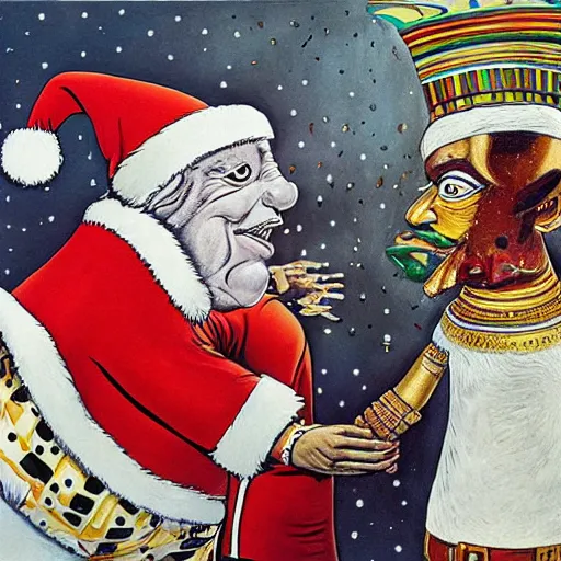 Prompt: a detailed painting of rameses ii slapping santa claus by gerald scarfe and ralph steadman